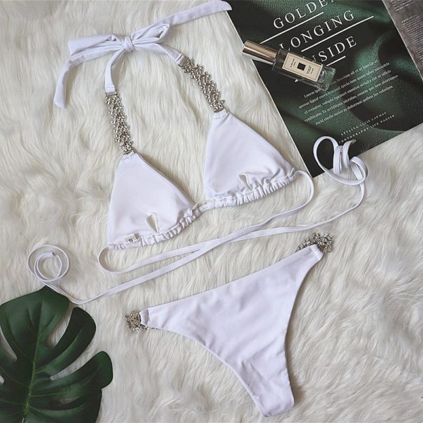 Bandage Cross Bikini Solid Color Metal Diamond Swimsuit - Image 2