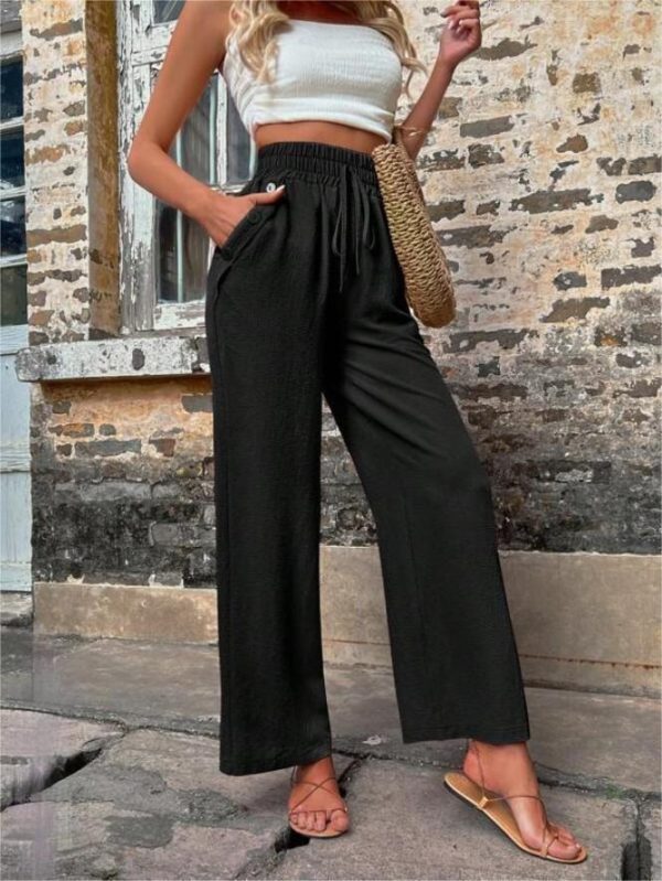 New Casual Pants With Pockets Elastic Drawstring High Waist Loose Trousers For Women - Image 5
