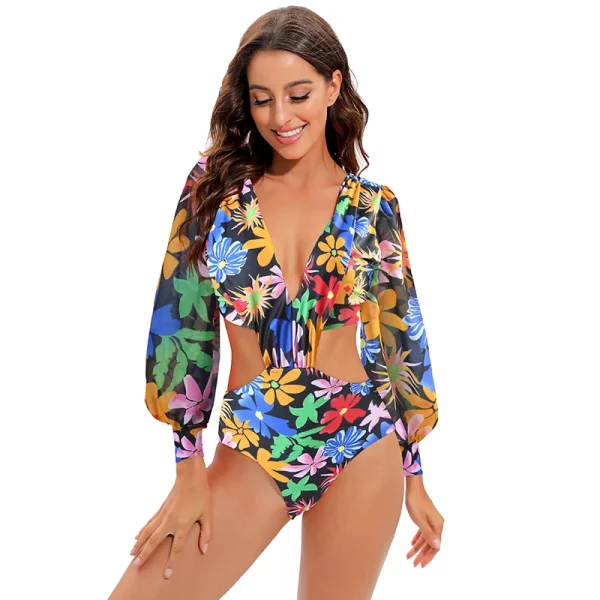 JSN71004 Custom high quality Print Cut-out One Piece Swimwear Long Sleeve Swimsuit - Image 4