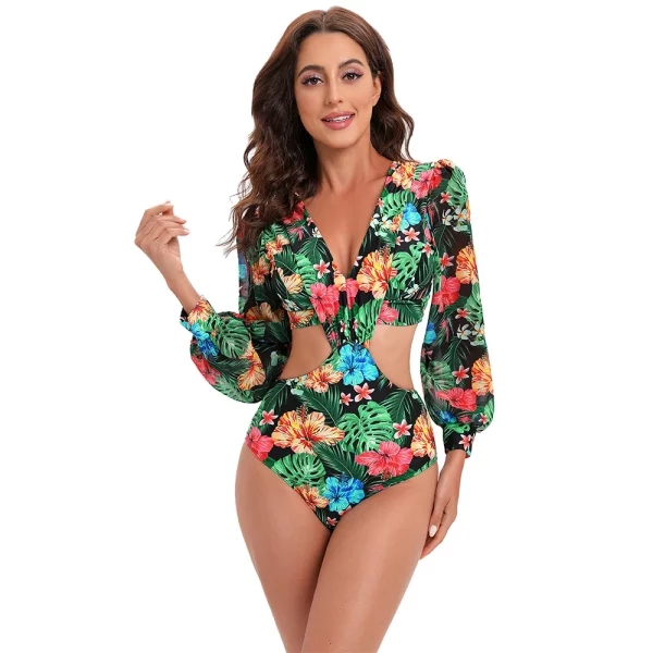 JSN71004 Custom high quality Print Cut-out One Piece Swimwear Long Sleeve Swimsuit