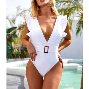 JSN7106 White Ruffle swimsuit female Belt Deep v neck woman custom bathing suit beach one piece swimwear women bathing suit
