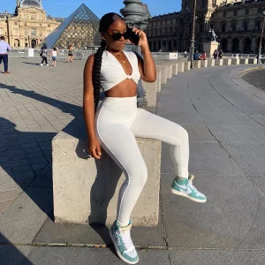 Good Stretchy Black Deep V Neck Sexy Womens Playsuit Joggers Custom Logo Two Piece Pants Set 2 Piece Tracksuit Set Women