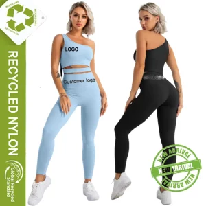 New Recycled Nylon Friendly Workout  Fitness Long Sleeve Sport Sport Crop Top Hollowed Sexy Sport Bra Long Yoga Set