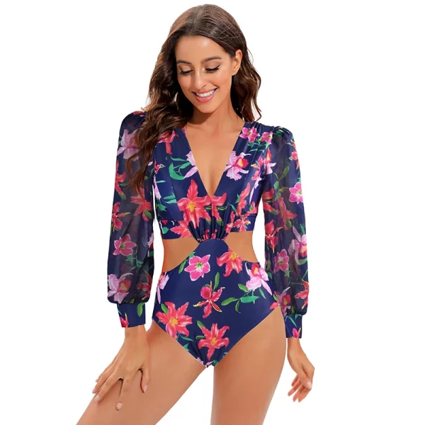 JSN71004 Custom high quality Print Cut-out One Piece Swimwear Long Sleeve Swimsuit - Image 5