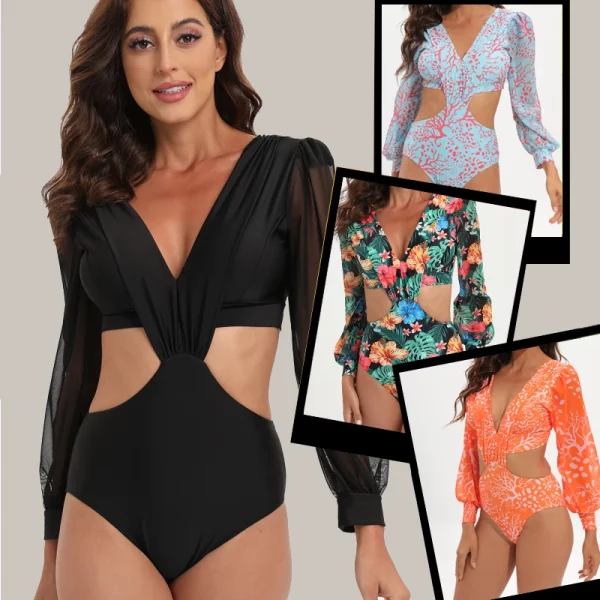 JSN71004 Custom high quality Print Cut-out One Piece Swimwear Long Sleeve Swimsuit - Image 6